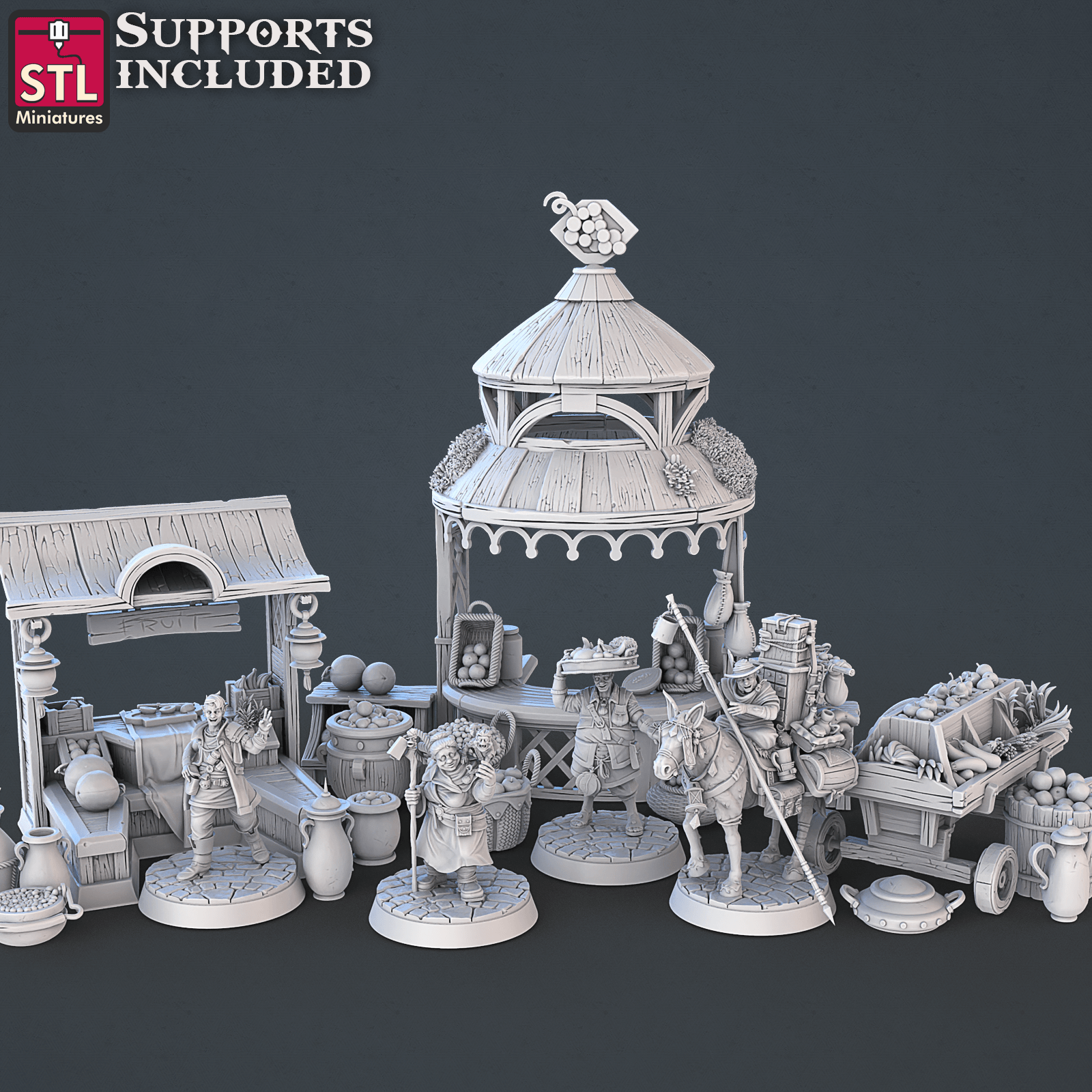 3D Printed STL Miniatures Food Vendors Set 28mm - 32mm War Gaming D&D - 3D Printing Boss 