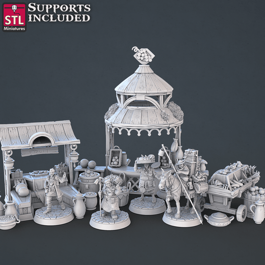 3D Printed STL Miniatures Food Vendors Set 28mm - 32mm War Gaming D&D - 3D Printing Boss 