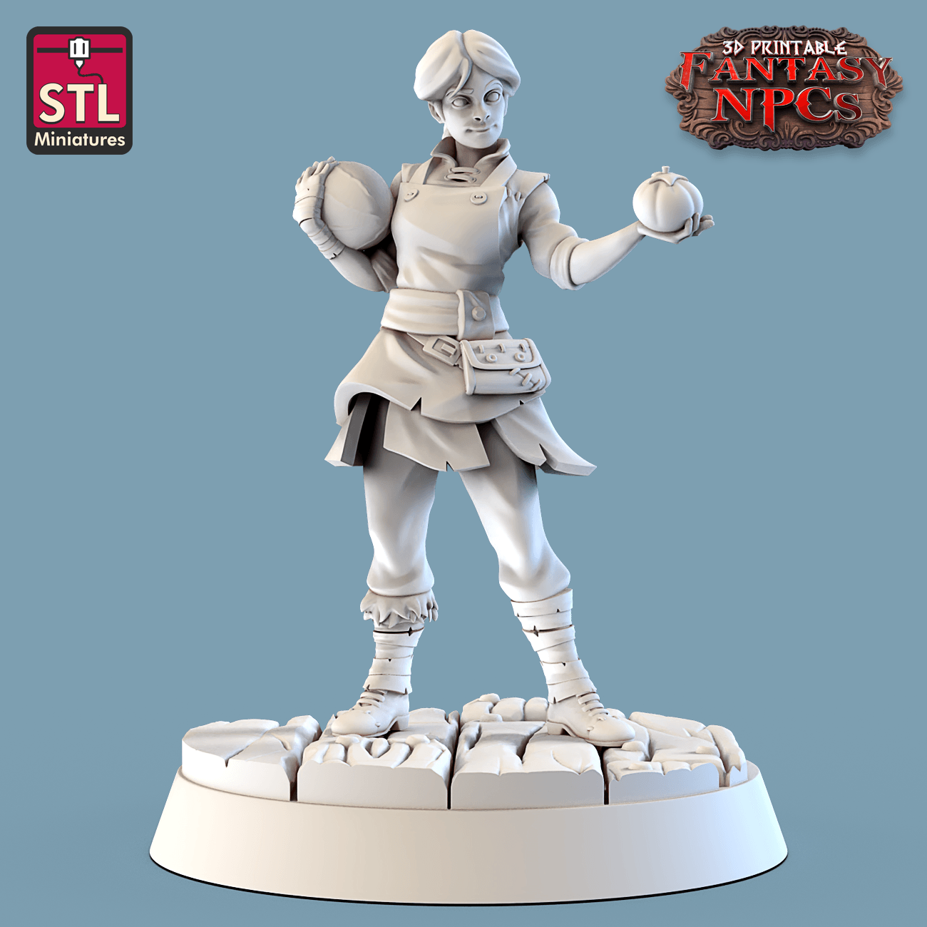 3D Printed STL Miniatures Fruit Seller Set Fantasy NPC 28mm - 32mm War Gaming D&D - 3D Printing Boss 