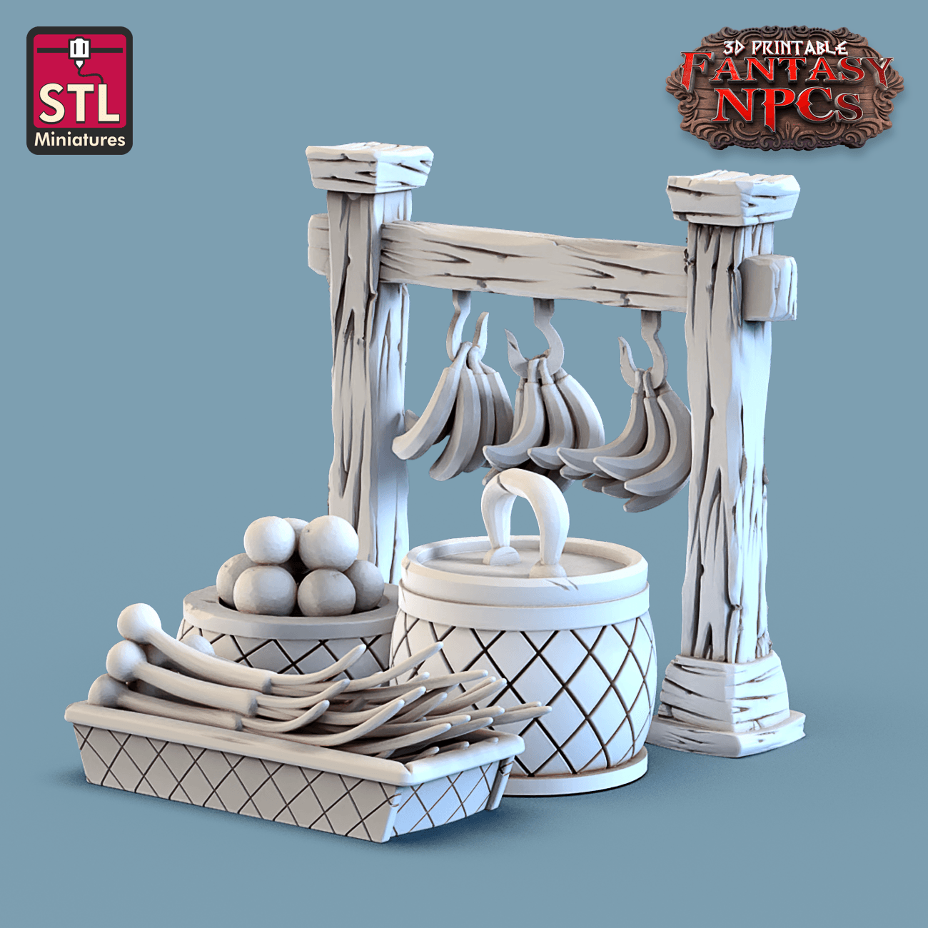 3D Printed STL Miniatures Fruit Seller Set Fantasy NPC 28mm - 32mm War Gaming D&D - 3D Printing Boss 