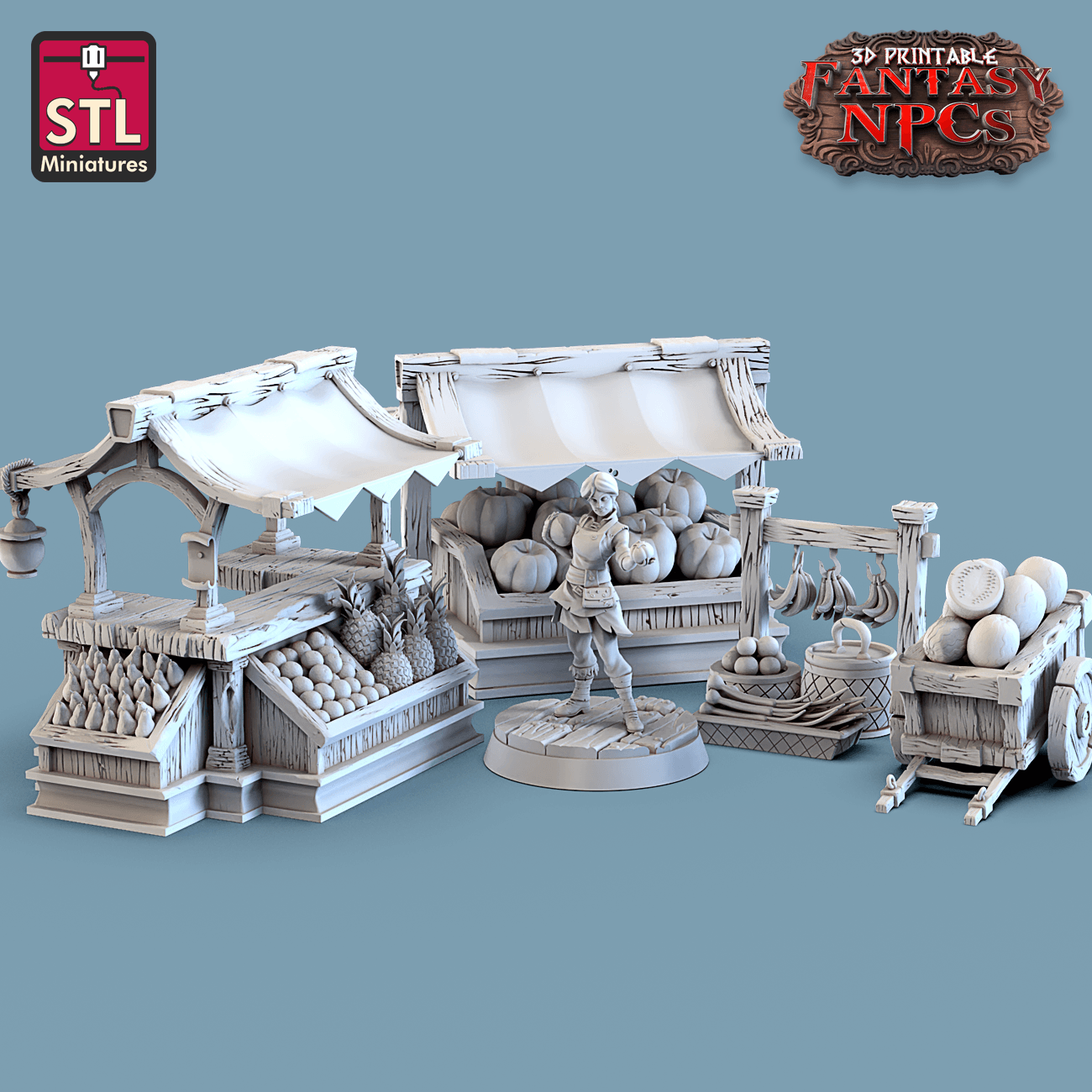 3D Printed STL Miniatures Fruit Seller Set Fantasy NPC 28mm - 32mm War Gaming D&D - 3D Printing Boss 