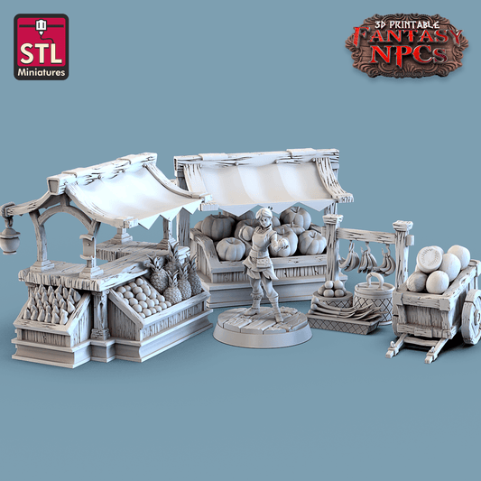 3D Printed STL Miniatures Fruit Seller Set Fantasy NPC 28mm - 32mm War Gaming D&D - 3D Printing Boss 