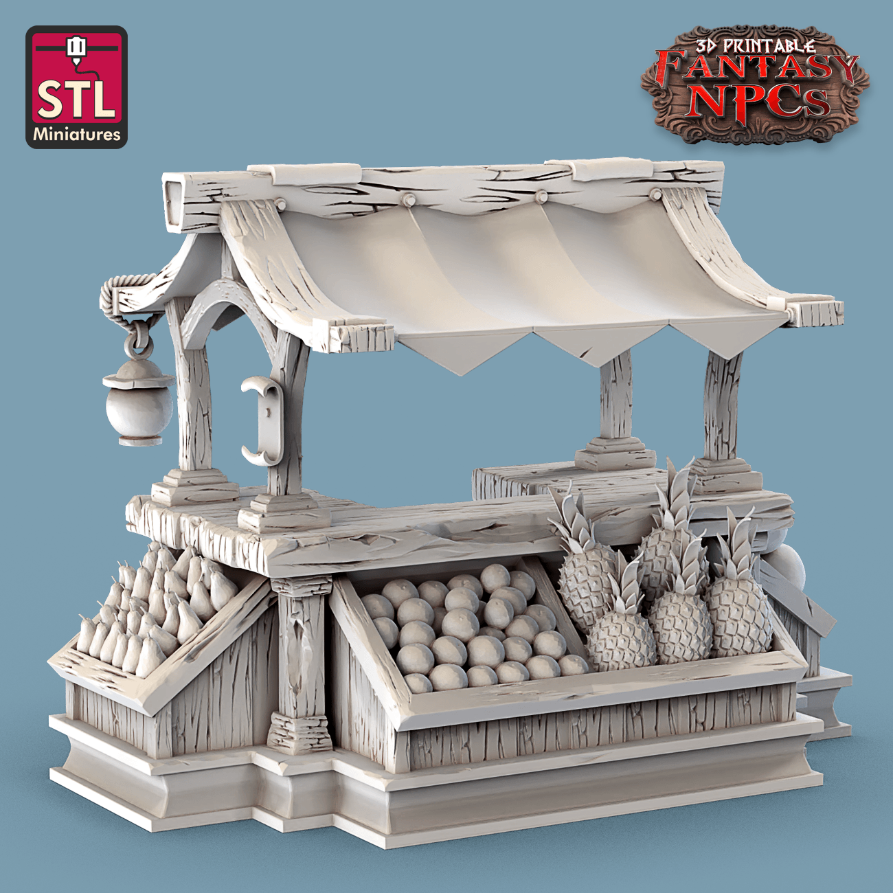 3D Printed STL Miniatures Fruit Seller Set Fantasy NPC 28mm - 32mm War Gaming D&D - 3D Printing Boss 