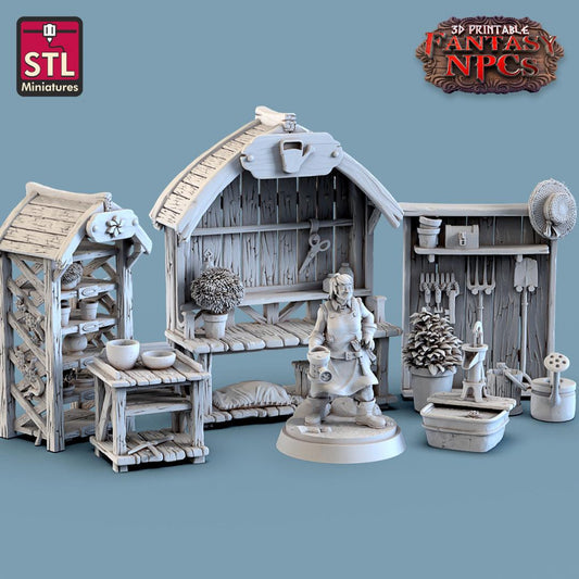 3D Printed STL Miniatures Gardener Set Fantasy NPC 28mm - 32mm War Gaming D&D - 3D Printing Boss 