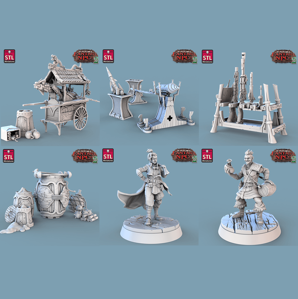 3D Printed STL Miniatures Gunpowder Vendors Set Fantasy NPC 2 | 28 - 32mm War Gaming D&D - 3D Printing Boss 
