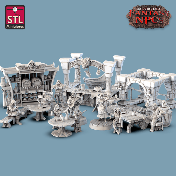 3D Printed STL Miniatures Inn Tavern Set Fantasy NPC 28mm - 32mm War Gaming D&D - 3D Printing Boss 