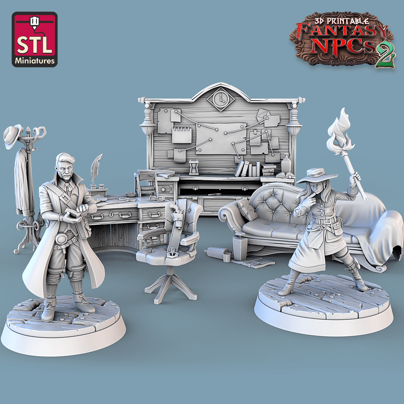 3D Printed STL Miniatures Investigator Set Fantasy NPC 2 | 28 - 32mm War Gaming D&D - 3D Printing Boss 