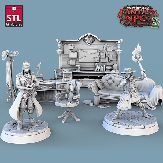 3D Printed STL Miniatures Investigator Set Fantasy NPC 2 | 28 - 32mm War Gaming D&D - 3D Printing Boss 