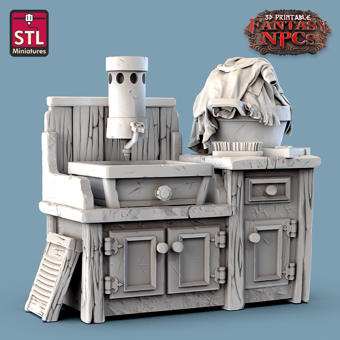 3D Printed STL Miniatures Laundry Set Fantasy NPC 28mm - 32mm War Gaming D&D - 3D Printing Boss 