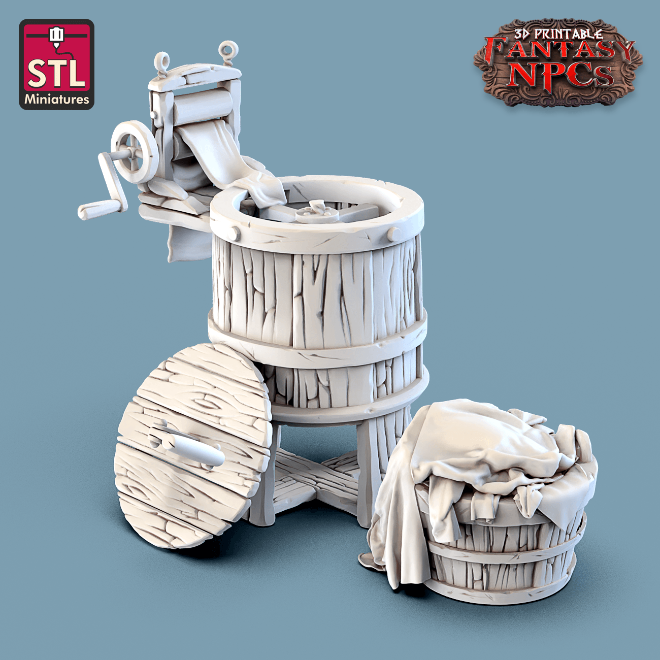 3D Printed STL Miniatures Laundry Set Fantasy NPC 28mm - 32mm War Gaming D&D - 3D Printing Boss 