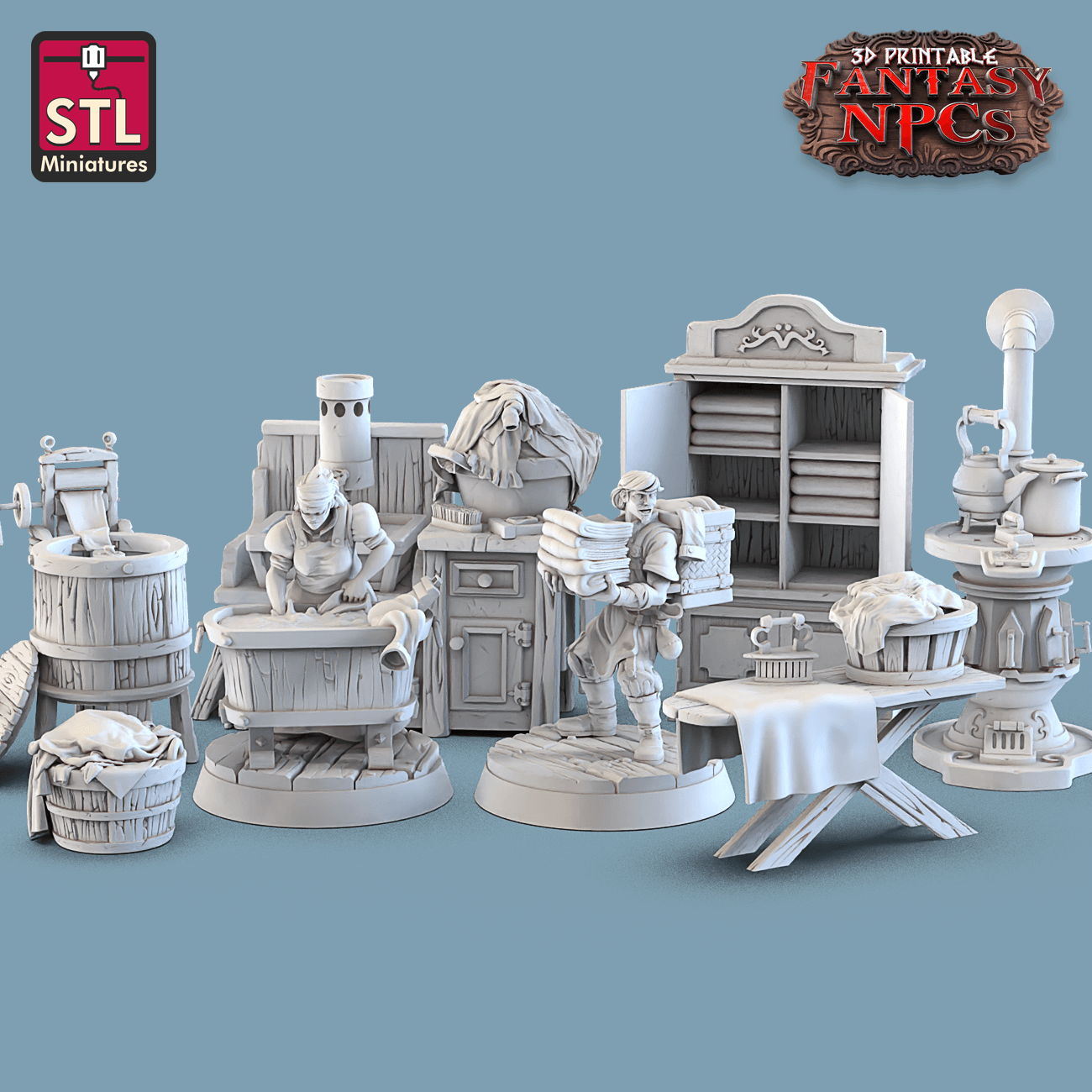 3D Printed STL Miniatures Laundry Set Fantasy NPC 28mm - 32mm War Gaming D&D - 3D Printing Boss 