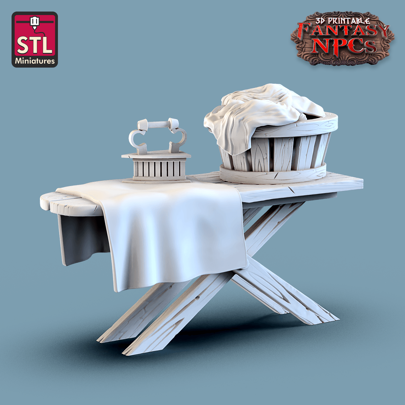 3D Printed STL Miniatures Laundry Set Fantasy NPC 28mm - 32mm War Gaming D&D - 3D Printing Boss 