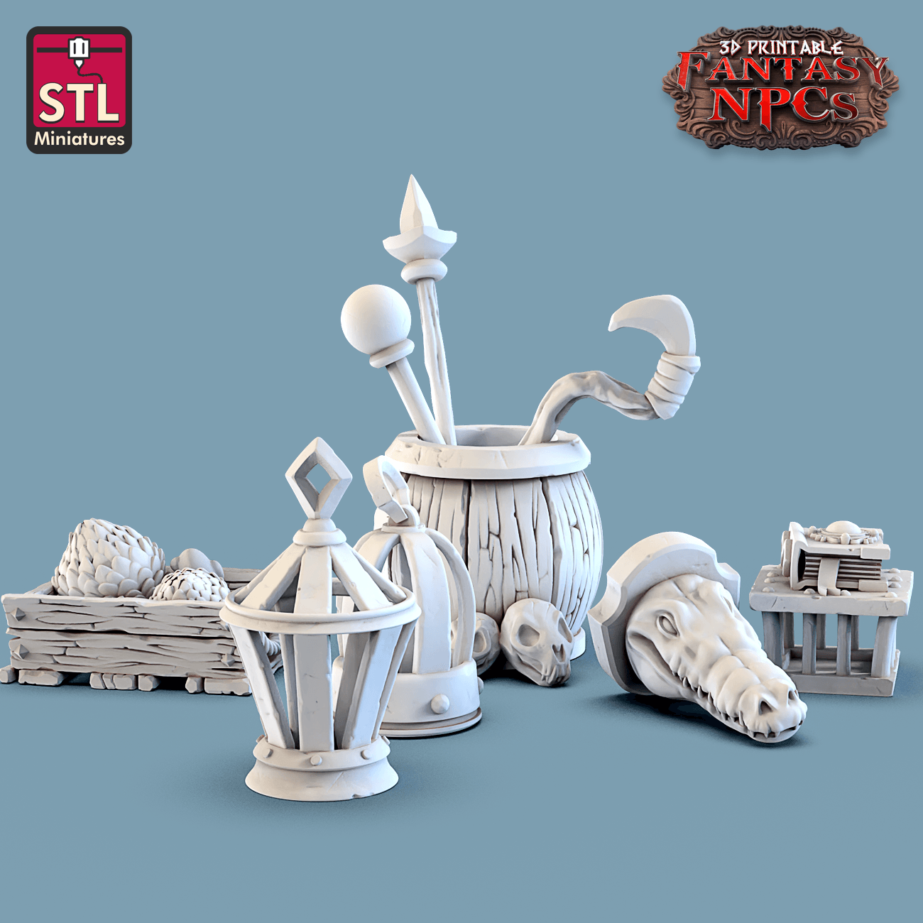 3D Printed STL Miniatures Magic Item Vendor Set Fantasy NPC 28mm - 32mm War Gaming D&D - 3D Printing Boss 