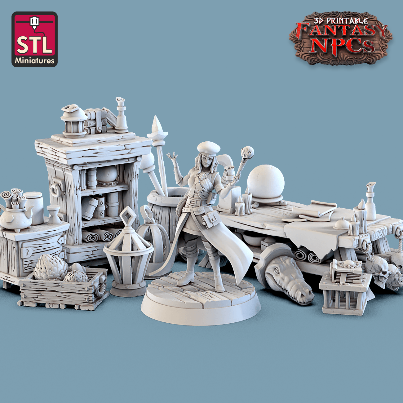 3D Printed STL Miniatures Magic Item Vendor Set Fantasy NPC 28mm - 32mm War Gaming D&D - 3D Printing Boss 