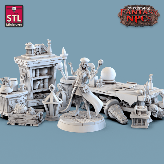3D Printed STL Miniatures Magic Item Vendor Set Fantasy NPC 28mm - 32mm War Gaming D&D - 3D Printing Boss 