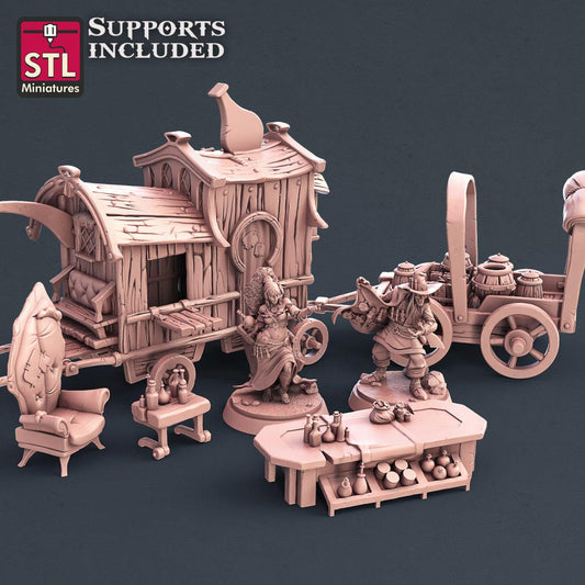 3D Printed STL Miniatures Potion Vendor Set 28mm - 32mm War Gaming D&D - 3D Printing Boss 