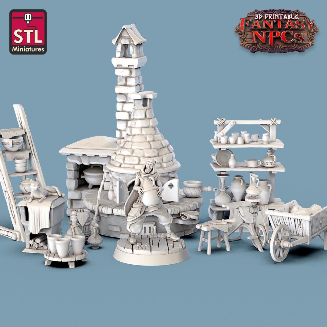 3D Printed STL Miniatures Potter Set Fantasy NPC 28mm - 32mm War Gaming D&D - 3D Printing Boss 