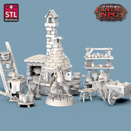 3D Printed STL Miniatures Potter Set Fantasy NPC 28mm - 32mm War Gaming D&D - 3D Printing Boss 