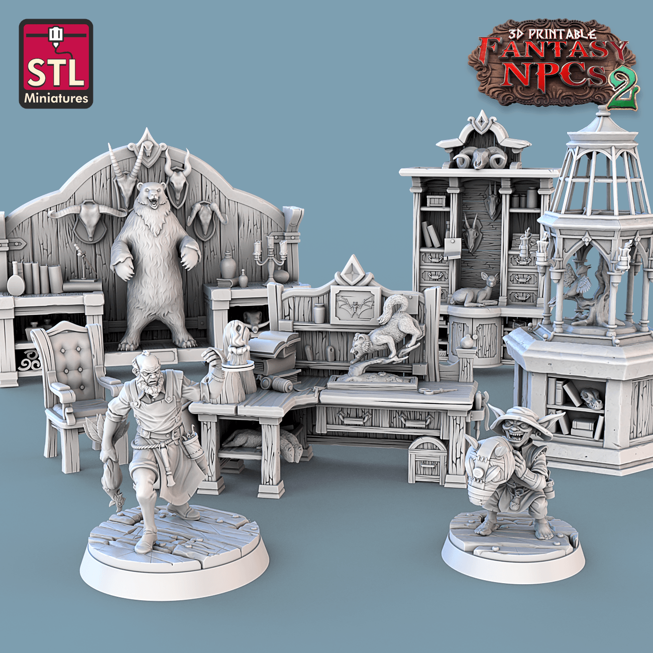 3D Printed STL Miniatures Taxidermist Set Fantasy NPC 2 | 28 - 32mm War Gaming D&D - 3D Printing Boss 