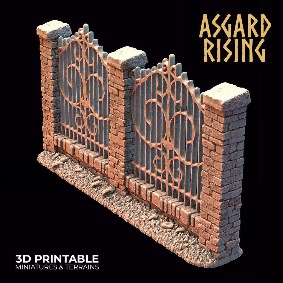 3D Printed Asgard Rising Cemetery Iron Wall Gate Set C 28mm-32mm Ragnarok D&D - Charming Terrain