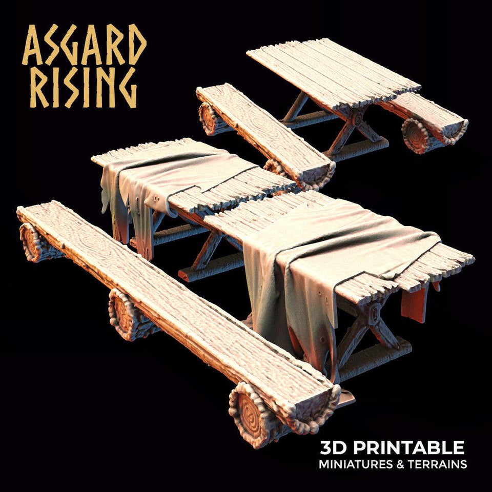 3D Printed Asgard Rising Tables and Benches Set 28mm - 32mm Ragnarok D&D - Charming Terrain