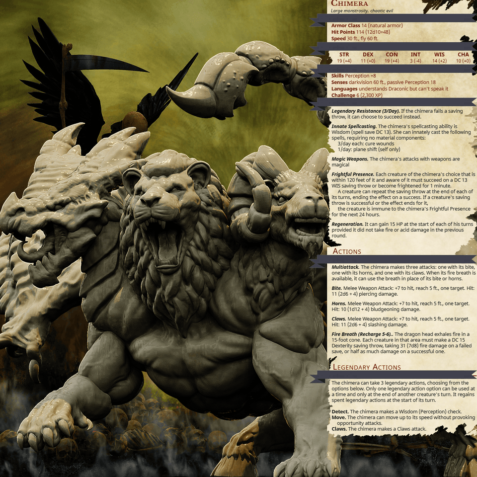 3D Printed Bestiary Vol. 4 Nafarrate - Chimera 32mm Ragnarok D&D - Charming Terrain