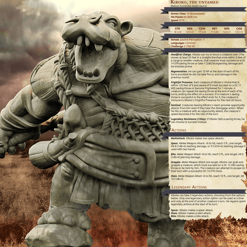 3D Printed Bestiary Vol. 4 Nafarrate - Kiboko Hippo Man 32mm Ragnarok D&D - Charming Terrain