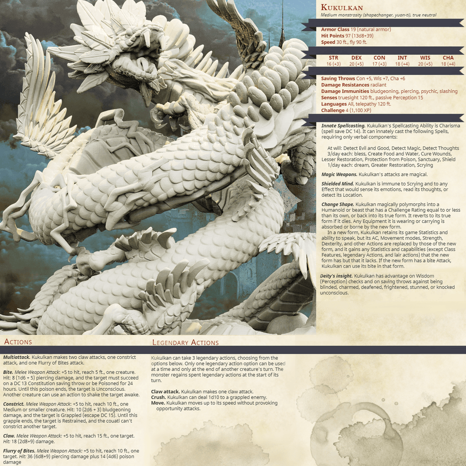 3D Printed Bestiary Vol. 4 Nafarrate - Kukulkan Sea Serpent 32mm Ragnarok D&D - Charming Terrain