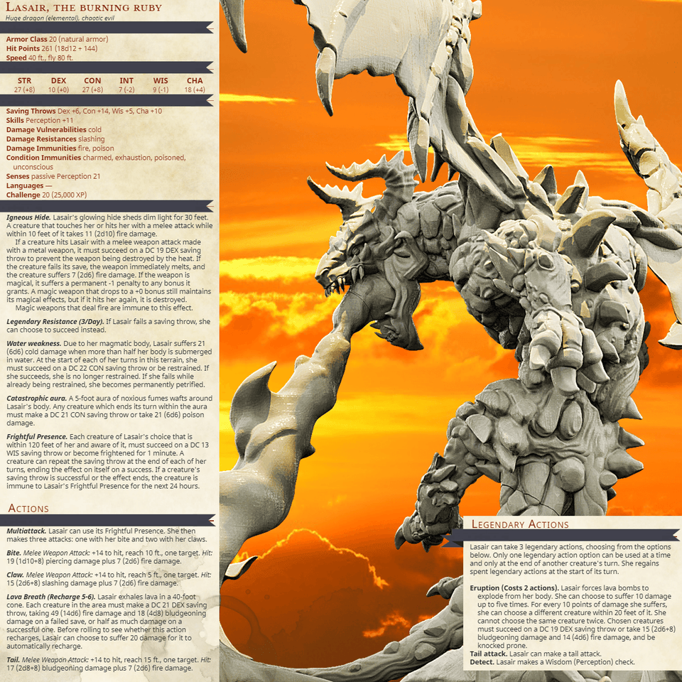 3D Printed Bestiary Vol. 4 Nafarrate - Lasair Lava Dragon 32mm Ragnarok D&D - Charming Terrain