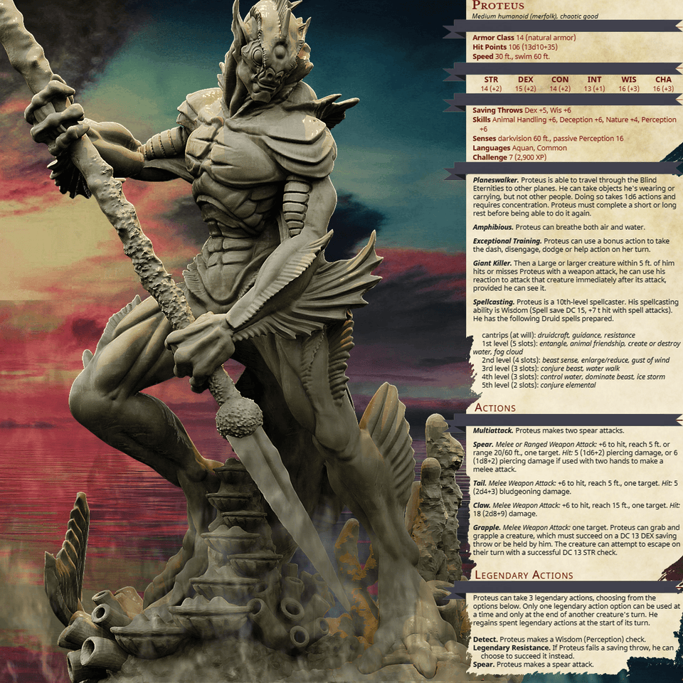3D Printed Bestiary Vol. 4 Nafarrate - Proteus Merfolk 32mm Ragnarok D&D - Charming Terrain