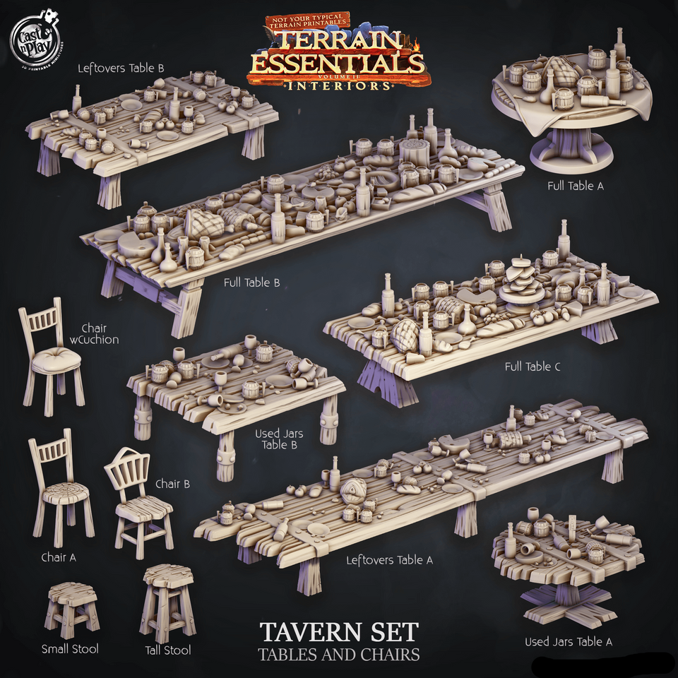 3D Printed Cast n Play Tavern Tables and Chairs Terrain Essentials 28mm 32mm D&D - Charming Terrain