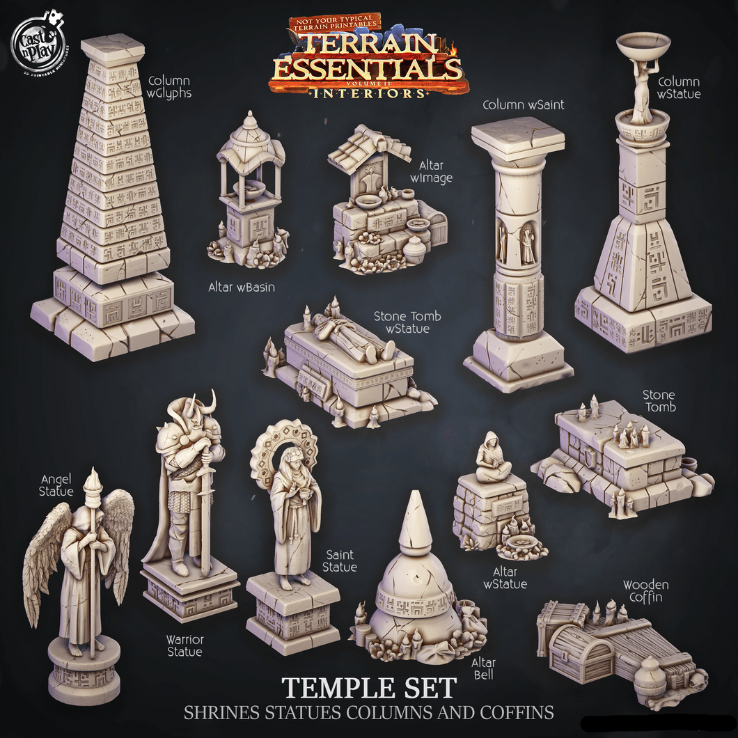 3D Printed Cast n Play Temple Shrines, Statues, Columns and Coffins Terrain Essentials 28mm 32mm D&D - Charming Terrain