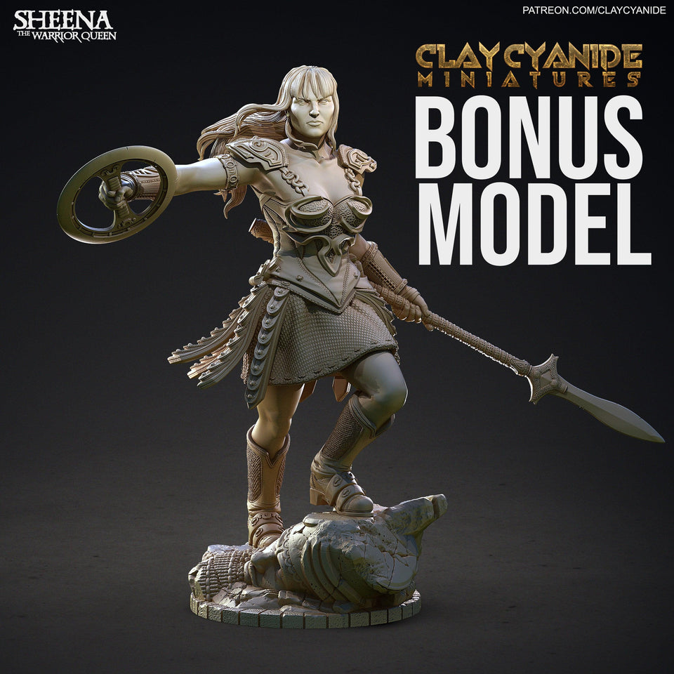 3D Printed Clay Cyanide Large Figure Sheena, Warrior Queen Ragnarok D&D - Charming Terrain