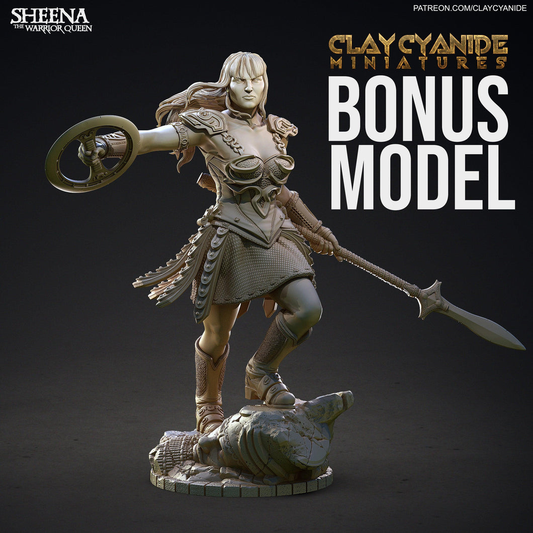3D Printed Clay Cyanide Large Figure Sheena, Warrior Queen Ragnarok D&D - Charming Terrain