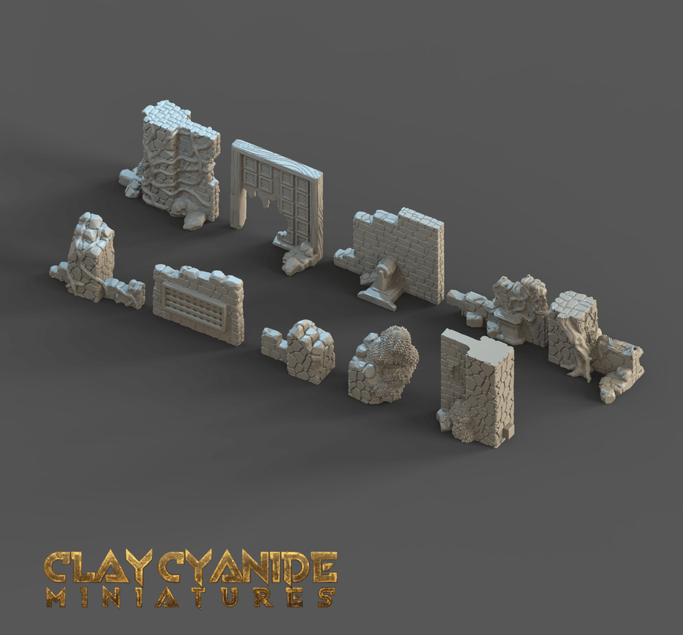 3D Printed Clay Cyanide Ruins Set 28mm-32mm Ragnarok D&D - Charming Terrain