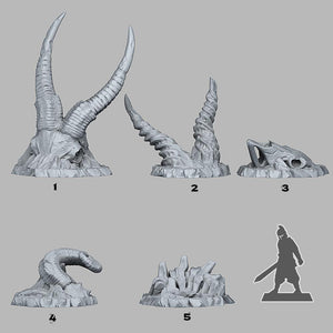 3D Printed Fantastic Plants and Rocks Buried Ram Skeletons 28mm - 32mm D&D Wargaming - Charming Terrain