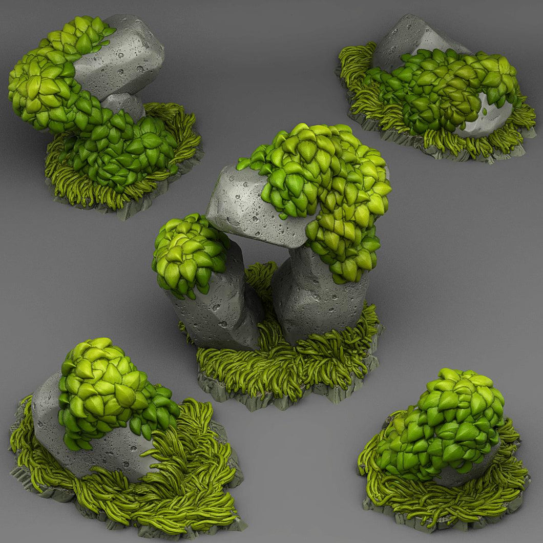 3D Printed Fantastic Plants and Rocks Grassy Rocks 28mm - 32mm D&D Wargaming - Charming Terrain