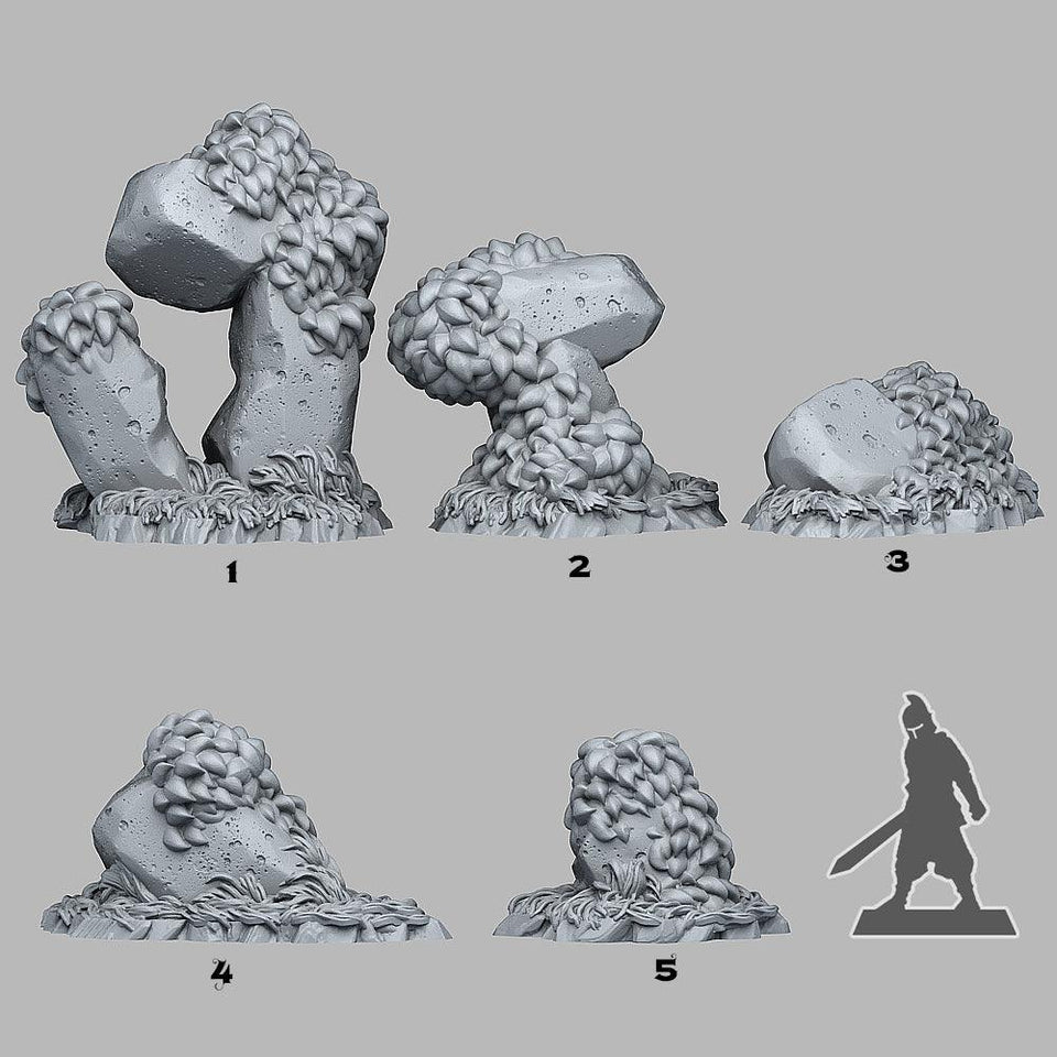 3D Printed Fantastic Plants and Rocks Grassy Rocks 28mm - 32mm D&D Wargaming - Charming Terrain