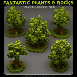 3D Printed Fantastic Plants and Rocks Pixel Trees 28mm - 32mm D&D Wargaming - Charming Terrain