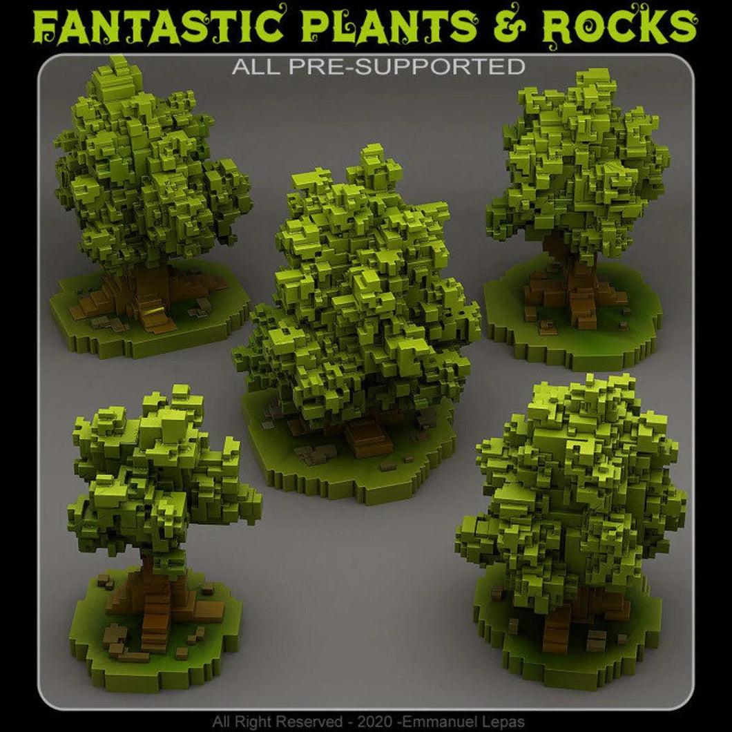 3D Printed Fantastic Plants and Rocks Pixel Trees 28mm - 32mm D&D Wargaming - Charming Terrain