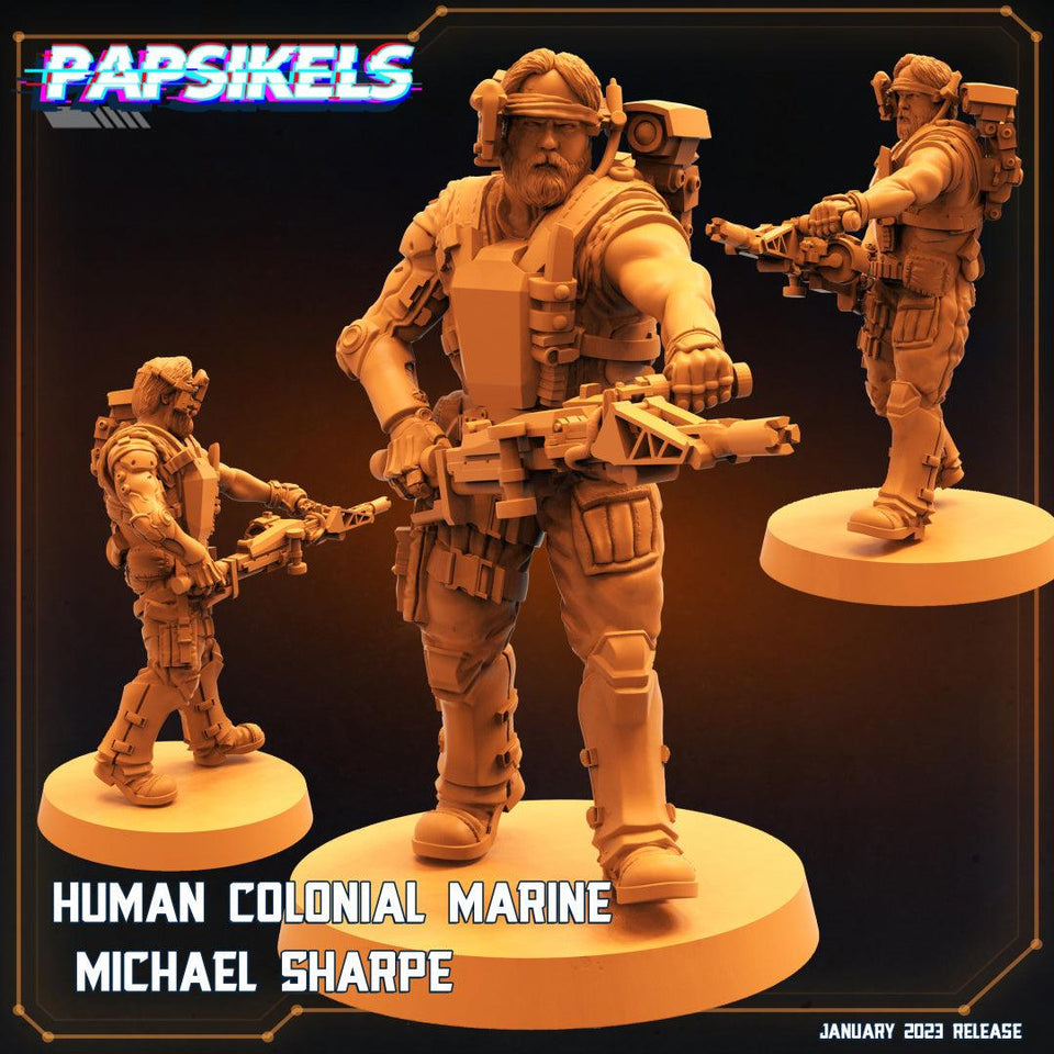 3D Printed Papsikels Cyberpunk Sci-Fi - Human Colonial Marine Michael Sharpe - 28mm 32mm - Charming Terrain