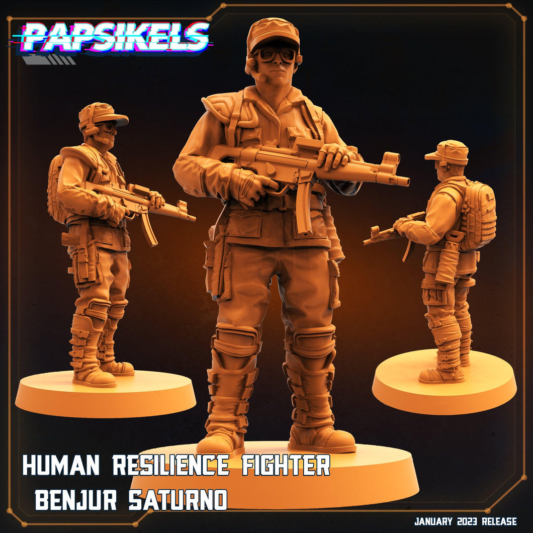 3D Printed Papsikels Cyberpunk Sci-Fi Human Resilience Fighter Benjur Saturno 28mm 32mm - Charming Terrain