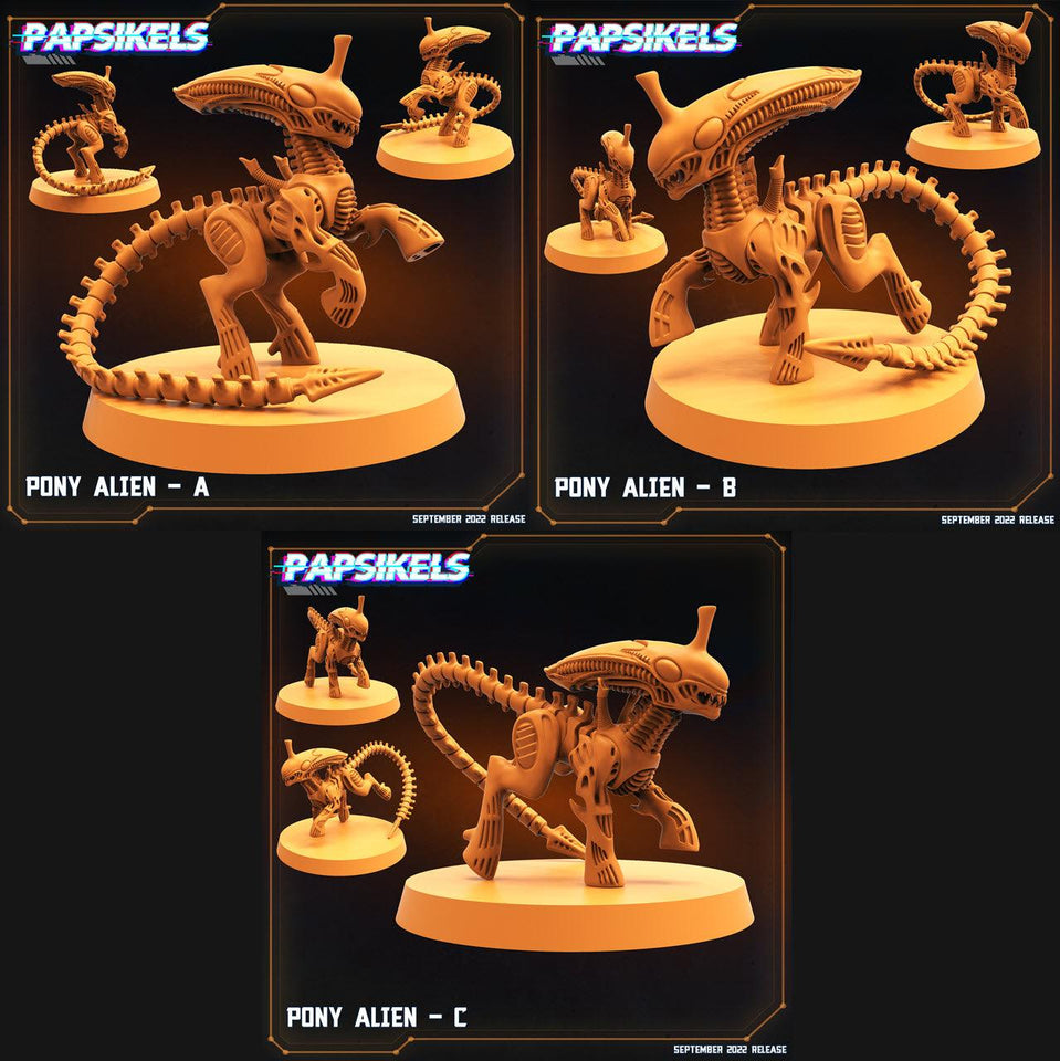 3D Printed Papsikels Cyberpunk Sci-Fi Pony Alien Set - 28mm 32mm - Charming Terrain