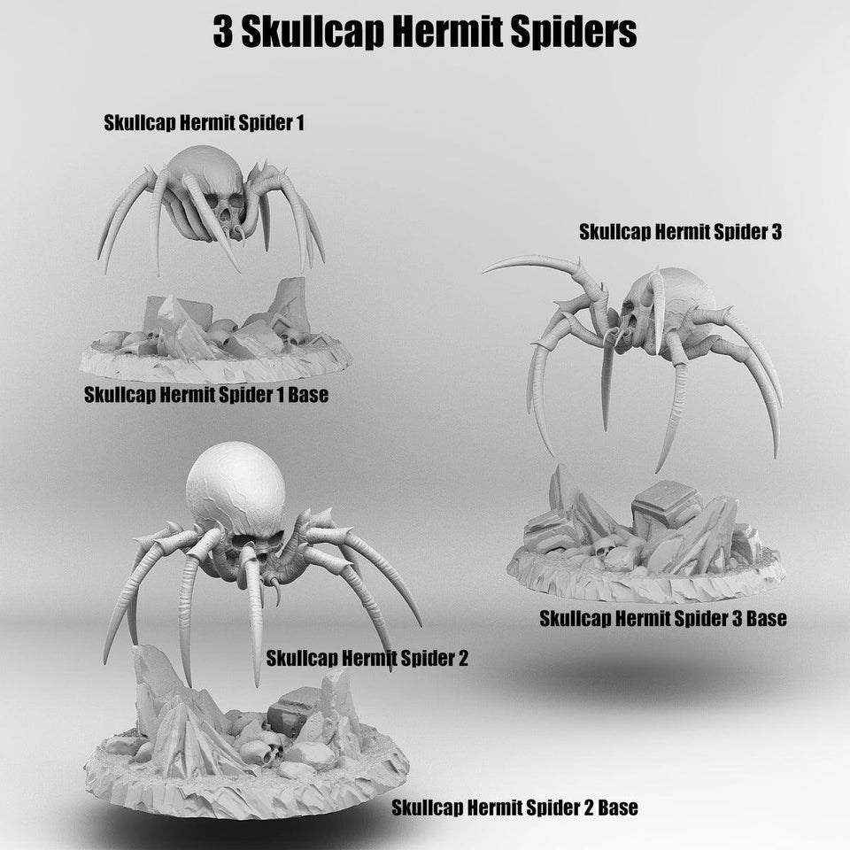 3D Printed Print Your Monsters Skullcap Hermit Spiders 28mm - 32mm D&D Wargaming - Charming Terrain