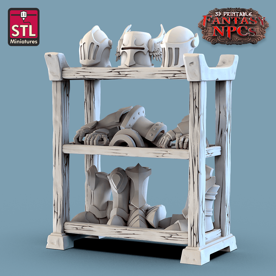 3D Printed STL Miniatures Armour Merchant Set Fantasy NPC 28mm - 32mm War Gaming D&D - Charming Terrain