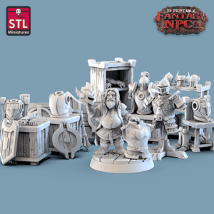 3D Printed STL Miniatures Armour Merchant Set Fantasy NPC 28mm - 32mm War Gaming D&D - Charming Terrain