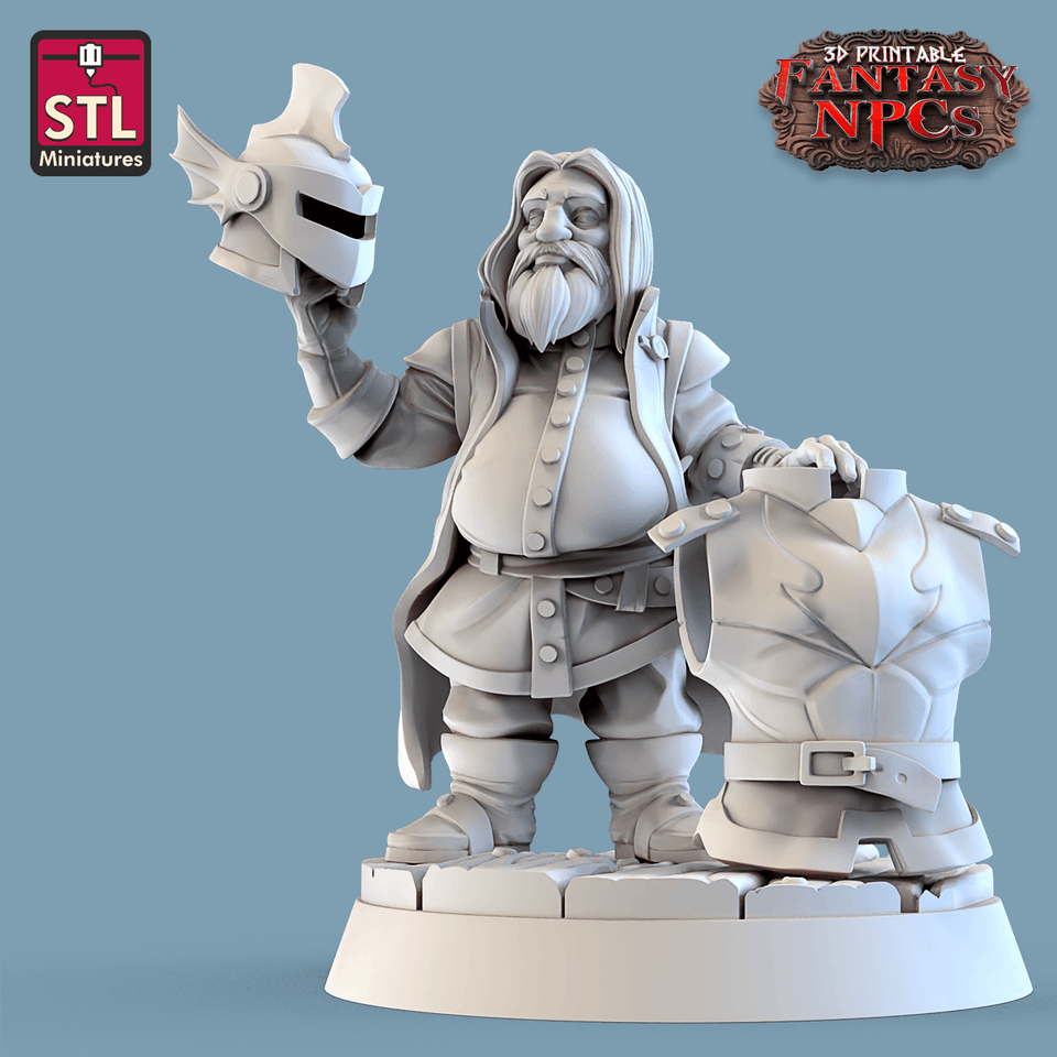 3D Printed STL Miniatures Armour Merchant Set Fantasy NPC 28mm - 32mm War Gaming D&D - Charming Terrain