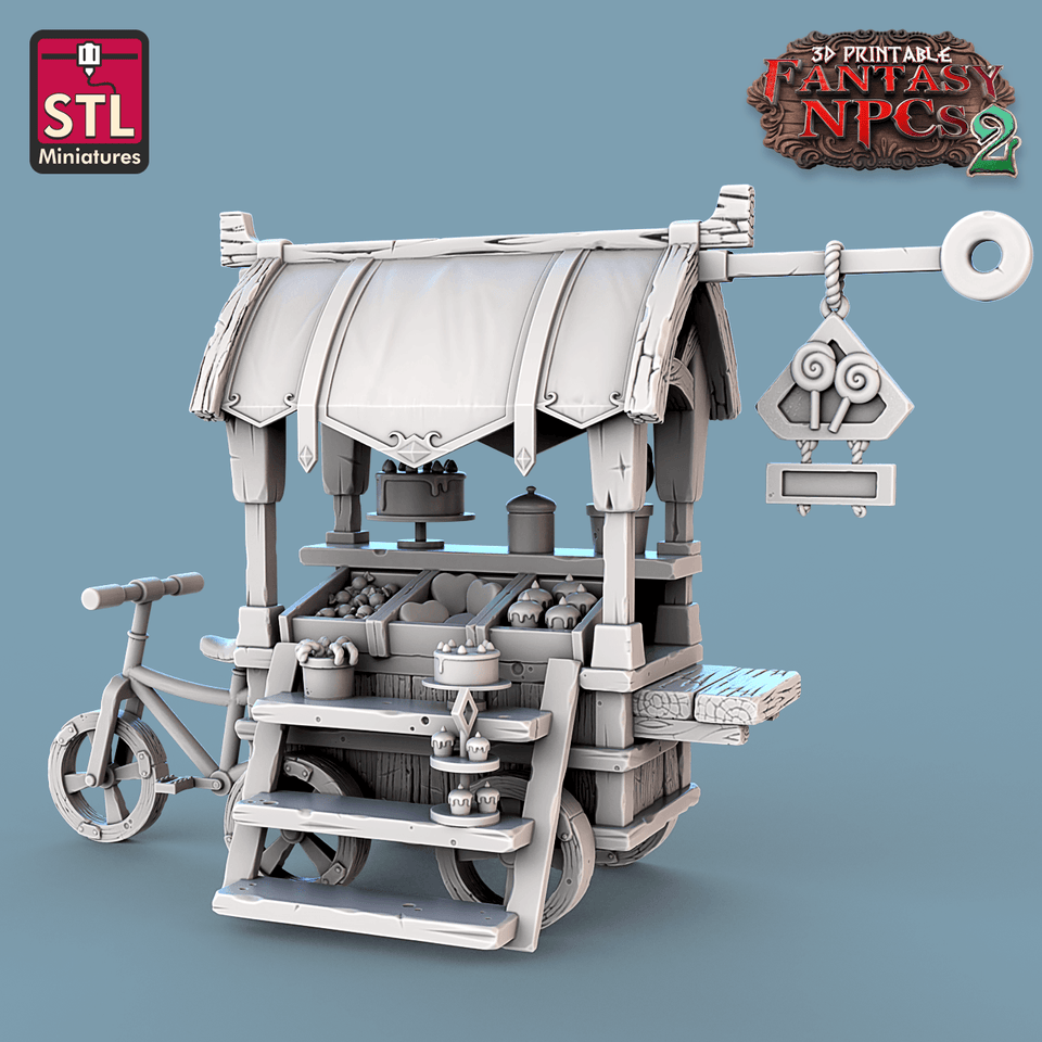 3D Printed STL Miniatures Candy Seller Set Fantasy NPC 2 | 28 - 32mm War Gaming D&D - Charming Terrain