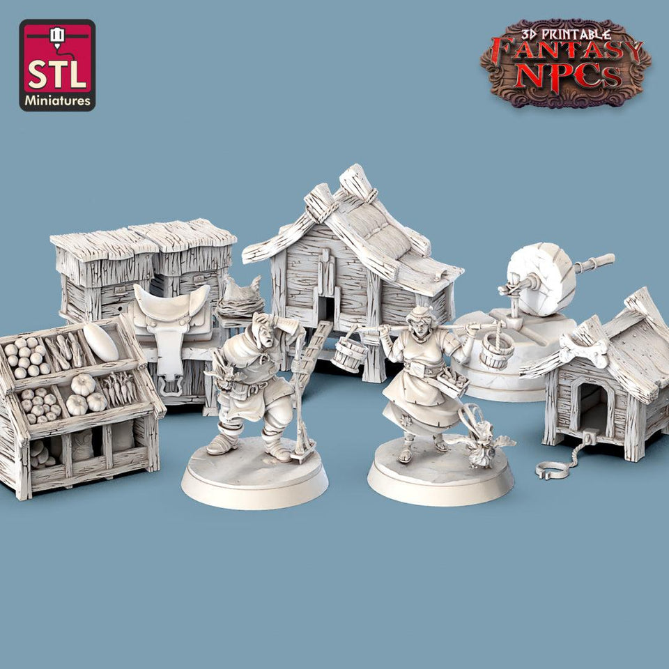 3D Printed STL Miniatures Farmer Set Fantasy NPC 28mm - 32mm War Gaming D&D - Charming Terrain
