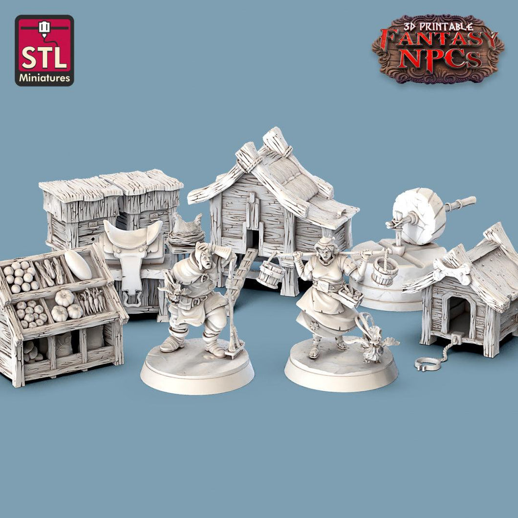 3D Printed STL Miniatures Farmer Set Fantasy NPC 28mm - 32mm War Gaming D&D - Charming Terrain